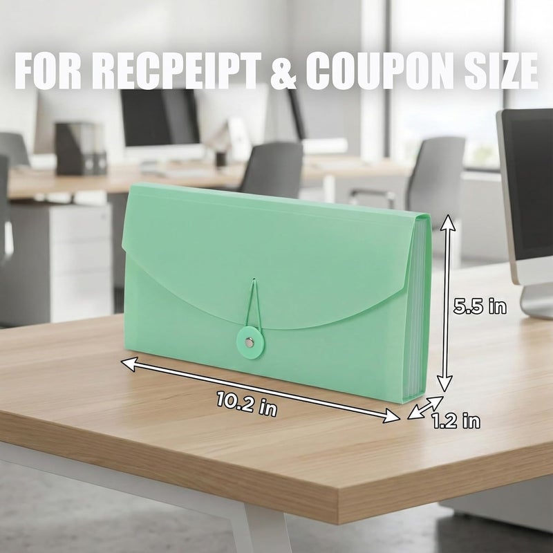 Gtheimn Portable 13-Pocket Receipt & Coupon Organizer, Small Expanding Accordion File Folder with Labels, Long Ticket Size Holder for Bills, Checks, and Travel Documents (10.2" x 5.5"), Green - Image 2